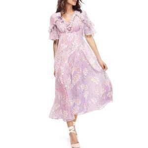GAL MEETS GLAM Shelby Tie Neck Floral Midi Maxi Dress Ruffled Pink 6 Petite